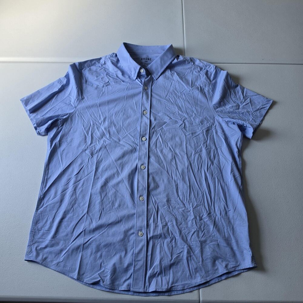 Rhone Shirt Mens XL Blue Check Short Sleeve Stretch Button Up Casual